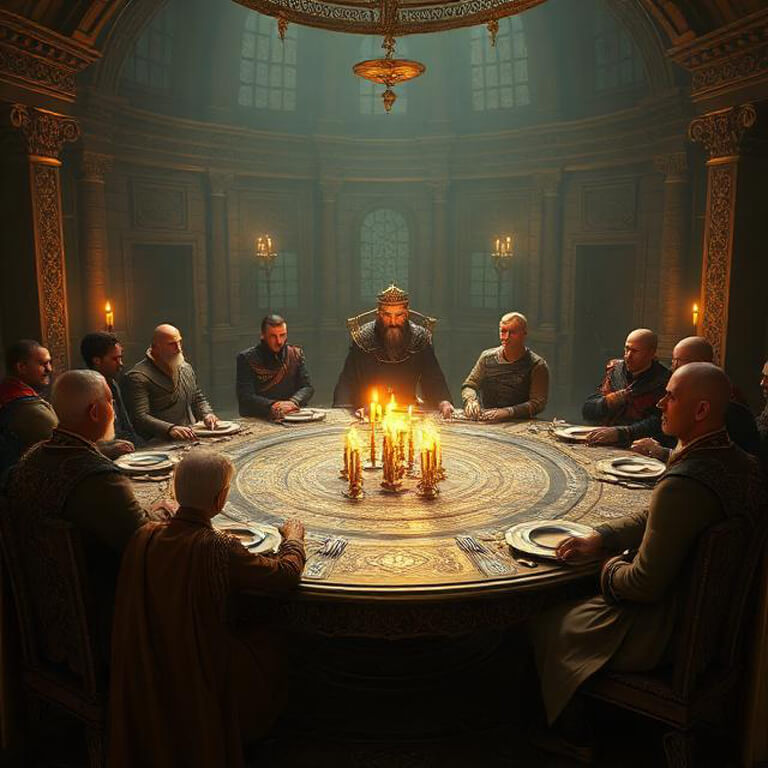 A round table surrounded by knights in armour, representing the council of legendary investors deliberating on stock decisions